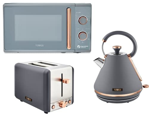 Tower Cavaletto Grey & Rose Gold 3KW 1.7L Pyramid Kettle, 2 Slice 850W Toaster & 800W 20L Microwave. Contemporary Matching Kitchen Electrical Set in Grey & Rose Gold