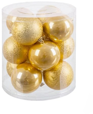 Set de 12 bolas combinadas de plástico dorado para Navidad de Ø 8 cm | Decoración clásica y brillante que resalta en el árbol de Navidad, creando un ambiente festivo mágico.