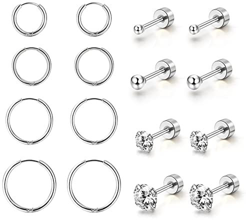 Dochais 8 Paar Ohrring Set, 316L Chirurgenstahl Ohrringe, 14K Gold plattiert Cubic Zirkonia Runde Ohrstecker, Hypoallergene Knorpel Huggie Hoop Ohrringe, Mehrfach-Piercing (Gold, Silber) (Silber)