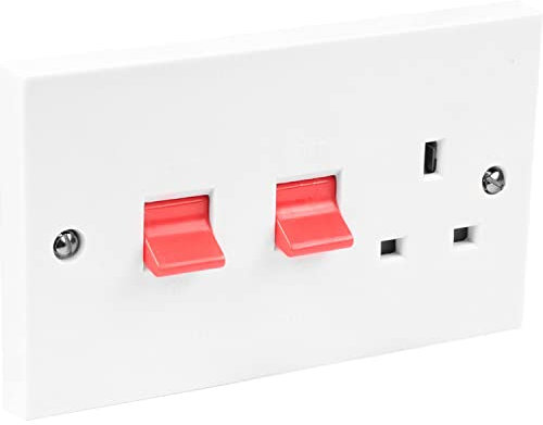 ARH Electrical Accessories 2 Gang 13A Switched Socket with Cooker Control – 45A Double Pole – Heavy Duty Wall Plate for Kitchen Appliances – UK Standard, Durable White Finish