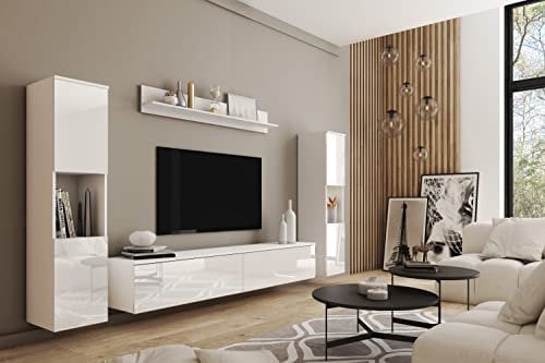 MINIO go for it - Wohnwand Parma XL, 4-Teilig Set, mit LED Beleuchtung, Hängend oder Stehend, 2X Highboard, I Lowboard, Wandboard, Laminierte Spannplatte, Farbe: Weiß matt/Weiß Hochglanz