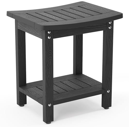 LUE BONA Banc de douche en polyester, tabouret de douche noir pour douche intérieure, imperméable, tabouret de bain spa pour pieds de rasage avec étagère de rangement, résistant aux intempéries,