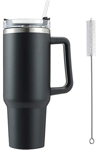 FiveMileBro Doppelwandiger Edelstahl Vakuum Isolierbecher mit Strohhalm, Tragbare Autobecher Becher Tumbler, 1200ml, 40oz, Thermobecher Für Kalte Heiße Getränke (Schwarz)