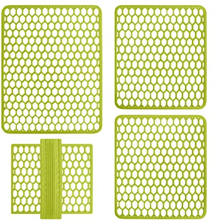 Set Tappeti Lavello 4 Pezzi Salva Lavandino Parabordo Scolapiatti Colorati Gomma (Verde Chiaro)