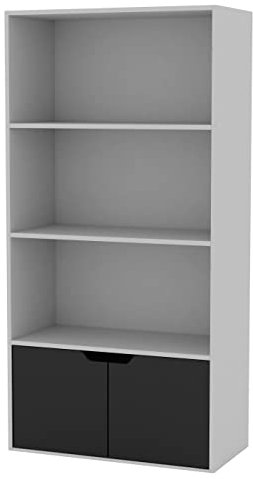 URBNLIVING 4 Tier Wide Grey Wooden Bookcase Cupboard with 2 Doors Storage Shelving Display Shelf Cabinet Unit (Grey With Black Doors)