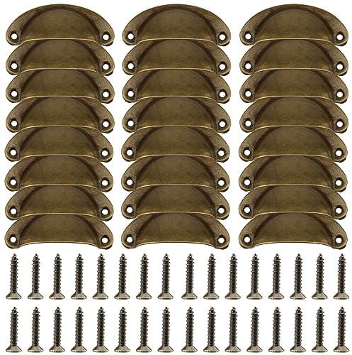 DAKFOOK 24 Pcs Antique Brass Cabinet Door Handles, Retro Shell Metal Cup Drawer Handles with Screws, Vintage Kitchen Cupboard Handles, Semi-Circular Furniture Pull Knobs