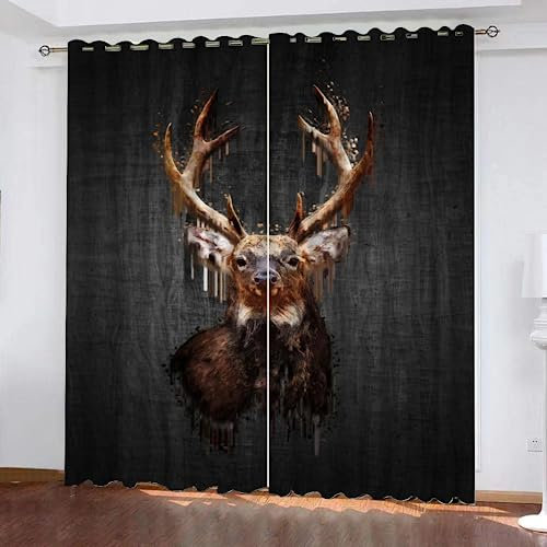 GIOVIA 3D Elch Vorhänge Abdunkelnde Vintage Hirsch Kindervorhänge Vorhang mit ösen 2er Set Gardinen Blickdicht Verdunkelungs für Kinderzimmer Schlafzimmer Wohnzimmer B 110 X H 95 cm