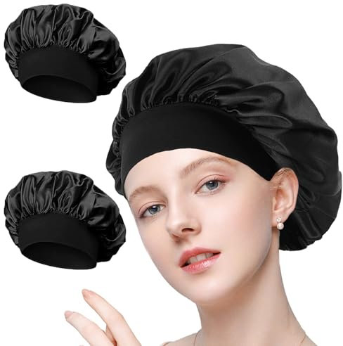 LABUYI 2 Stück Schlafhaube Seide,Satin Haarhaube,Haarhaube Für Die Nacht,Schlafhaube Haare Schützen,Haarkappe Zum Schlafen,Silk Bonnet,Seidenhaube Haare,Kopfhaube,Bonnet Sleep Cap,Schwarz