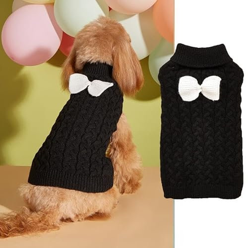 Hundepullover Weste Hund Rollkragenpullover Schleife Stricken Kleine Hundepullover Warme Hunde Winterkleidung Pullover Hundemantel Weihnachtskostüm für Hunde Katzen (Schwarz, S)