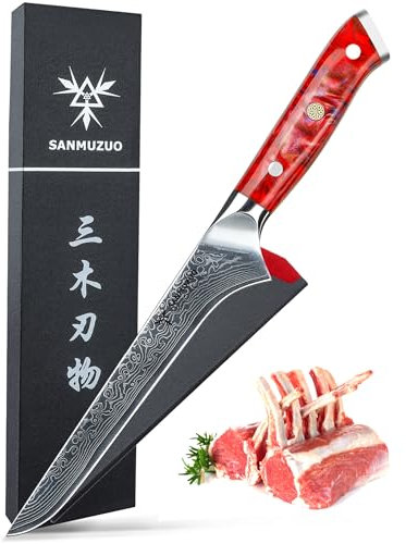SANMUZUO Coltello filetto 18 cm, Professionale Coltello da Disossare Giapponese Acciaio Damasco Coltello da Cucina Impugnatura Resina - Xuan Series(Rosso Tramonto)