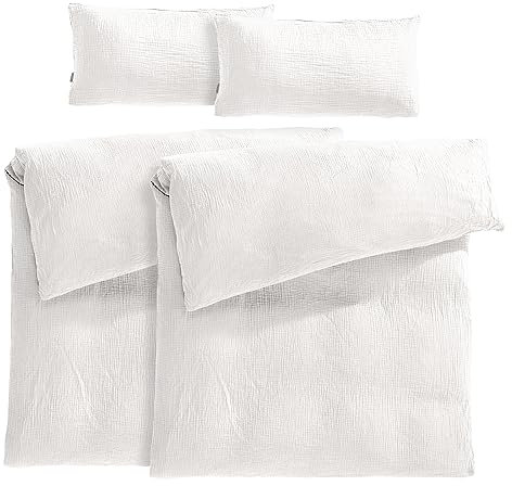 Pure Label Musselin Bettwäsche 155x220 4 teilig bestehend aus Bettbezug 155 x 220 cm 2er Set + Kissenbezug 40x80 cm 2er Set aus Baumwolle - Traumhaft kuschelige Bettwäsche-Sets in weiß