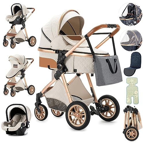 Zkiprm 3-in-1-Kinderwagen, Buggy und Kinderwagen, kompakt, tragbar, Stadtwagen mit Autositz, Ein-Klick-Falz, Kombination aus Kinderwagen, Landschaft, Rahmen aus Aluminium