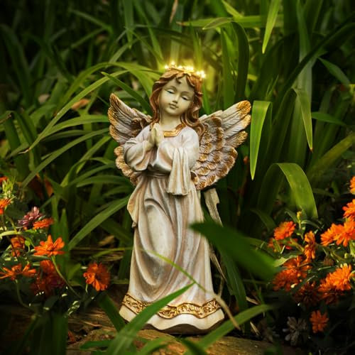 Kssiaz Statua Angelo da Giardino, Guardiano Decorazione Solare da Giardino Luce Calda, Statua Angelo Pregante Impermeabile con Ghirlanda, Scultura Esterno per Prato Cortile Patio, Rosa Albicocca