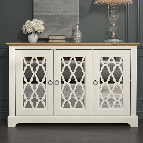 Galano Novara 3-Door Sideboard Cabinet with Adjustable Shelves – Freestanding Storage Unit for Living Room, Hallway, or Kitchen – Ivory/Oak Finish – W116.1 x D39.8 x H74.4 cm