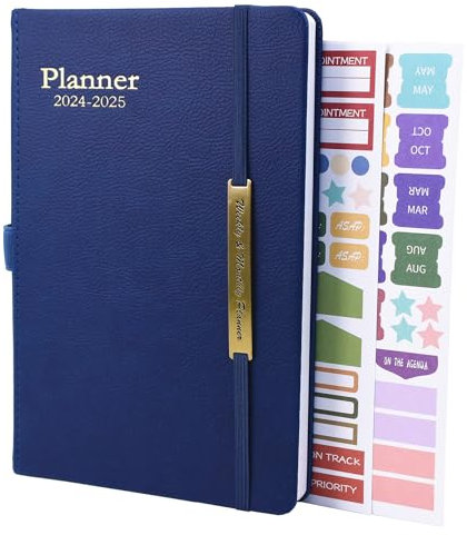 Kalender mit Ledereinband, A5, Wochenansicht – 18-Monats-Jahresplaner Juli 2024 bis Dez.2025, Wochen- und Monatsplaner, Stiftschlaufe, Innentasche (blau)