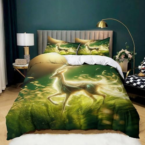 Bettwäsche 135x200 cm Grünes Tier Hirsch Bettwäsche Set Microfaser Superweiche Atmungsaktivem Bettbezug mit Reißverschluss und Kissenbezug 80x80 cm
