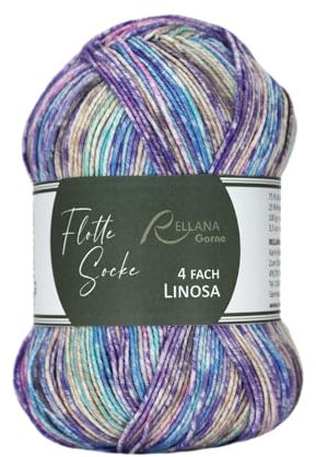 Rellana Flotte Socke 4f. Woolfree Linosa,93% Polyacryl und 7% Stretch-Polyester,100 g = ca. 420 m (1834 türkis-capri-altrosa-flieder)