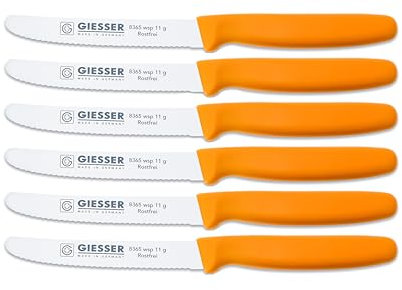 Giesser Messer - Made in Germany - 6er Set Brötchenmesser Tomatenmesser Küchenmesser Allzweckmesser Universalmesser Gemüsemesser 3mm Wellenschliff Klingenlänge 11cm (Gelb)