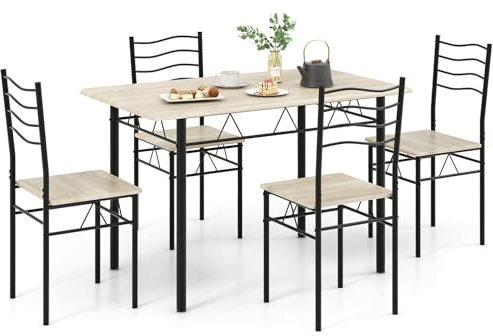 TANGZON Dining Table and 4 Chairs, 5 Pieces Wooden Kitchen Table and Chairs Set 4 with High Backrest, Metal Frame Space Saving Dining Set Furniture for Home Living Dining Room Bistro (Light Natural)
