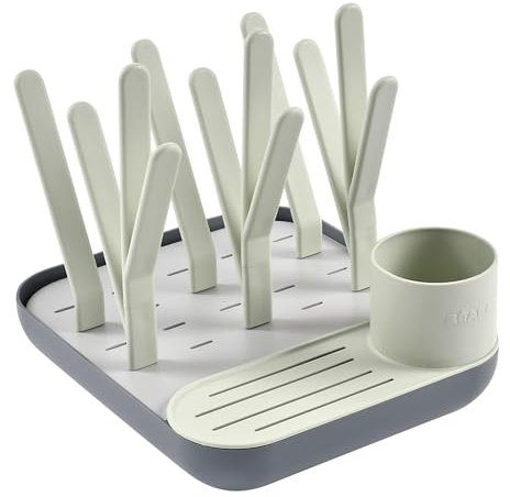 BÉABA, Egoutte-biberons et Séchoir, Grande Capacité, Modulable, Jusqu'à 6 Biberons et Vaisselle Enfant, Pot à Accessoires, Ecoulement Optimisé, Facile à Ranger, Compact, Pratique, Sauge/Minéral