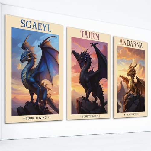 Poster Famous Book Fourth Wing Dragons, Set mit 3 Drucken, Tairn Andarna Sgaeyl Drache, Leinwand-Kunst, violettes Sorrengail Xaden Riorson, Drachenreiter, Wandkunst für Wohnzimmer, Schlafzimmer,