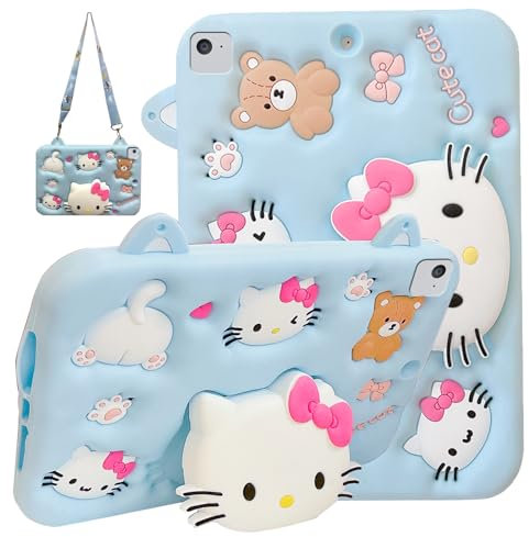 Custodia per bambini per iPad 9,7 pollici 2018/2017 (6a/5a generazione)/iPad Pro 9.7/iPad Air 2/Air 1, custodia leggera antiurto con gatto carino con supporto e tracolla, blu