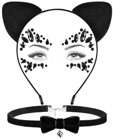 Serre Tete Halloween Femme, Serre Tete Oreille de Chat avec Autocollant de Visage Choker Clochette, Bandeau Cheveux Oreilles de Chat pour Femme Fille, Halloween Serre-Tête pour Carnaval Cosplay Fête