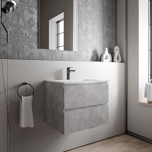 BERNSTEIN Badmöbel-Set Ava 60cm bestehend aus Mineralguss-Waschbecken mit Unterschrank in Beton, Waschtisch BRUXELLES - Weiß matt mit Hahnloch, Ideal für Kleine Bäder und Gäste-WCs