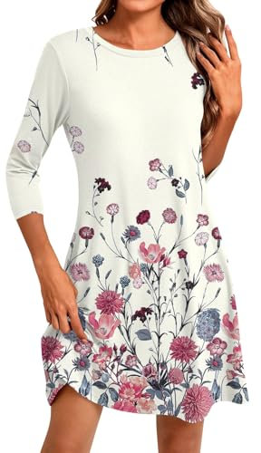 Freizeitkleid Damen 3/4 Arm Shirtkleider Damen Midi Midikleid Damen Sommer Abendkleid Langarm Sommerkleid Damen Wadenlang Midi Kleider Luftige Sommerkleider Lang Sommerkleid