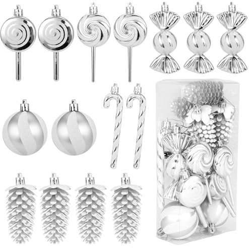 Weihnachtsbaum Deko Silber, 15 Stück Christbaumschmuck Set, Glitzer Weihnachtsbaumschmuck, Weihnachtsbaumanhänger Plastik, Zuckerstange, Bonbon, Kugel, Tannenzapfen mit Kordel für Weihnachtsbaum Deko