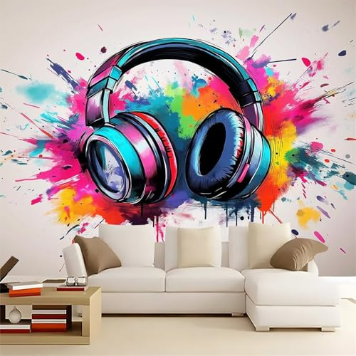 Fototapete Vlies 3D Wanddeko Graffiti Kopfhörer mit bunten Farbspritzern, Musik Wandtapete für Wohnzimmer Schlafzimmer Kinderzimmer, Bildtapete 250 x 175 cm Weiß