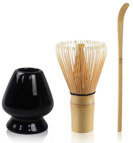 Matcha Tea Set Matcha Whisk, Ceramic Whisk Holder, Tea Scoop, Japanese Matcha Tea Tool Kit Set of 3(Black)