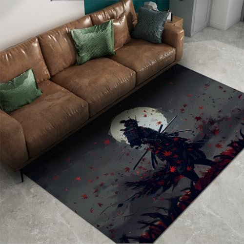 Via Vela Traditioneller Teppich 240x300cm - Japanischer gutaussehender Samurai mit fliegenden Ahornblättern Waschbarer Rutschfester dünner Teppich mit niedrigem Flor für das Wohnzimmer