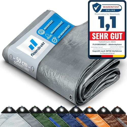 Floordirekt Abdeckplane | Gewebeplane | Schutzplane | Bootsplane | Zeltunterlage für Camping & Outdoor | Garten | wasserdichte Planemit Ösen | Viele Größen & Farben 4x6m, 24m² 80 g/m², Silber