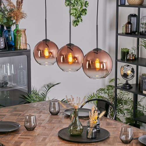 HOFSTEIN Koyoto Suspension à 3 ampoules en métal/verre noir/cuivre/transparent, suspension moderne au design rétro/vintage (abat-jour Ø 20 cm), E27, salle à manger, salon, cuisine