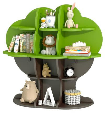 KEEPREAPER Bücherregal Kinder mit 4 Etagen Ablage, Kinderregal Montessori mit 12 offenen Fächern, Spielzeug-Organizer stehend für Kinderzimmer, 96x30x96cm(Grün Baum)