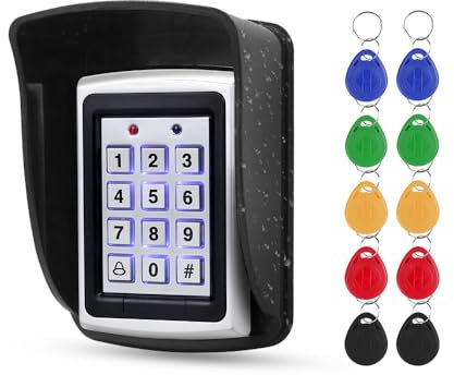 FUSYTULY 125KHz Metallisches RFID Zugangskontrolltastatur, Standalone Zugangskontrollsystem, wasserdichte Abdeckung, Outdoor Türöffner WG26, mit 10 EM4100 Schlüsselanhängern