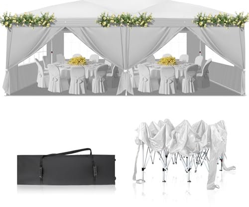 Bonnlo Faltpavillon 3 x 6 m, Wasserdicht, Sonnenschutz, Stabil Gartenzelt (Weiß mit 4 Seitenwänden)