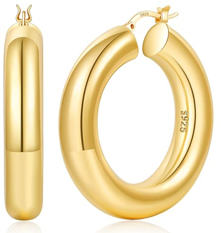 YOUNGYUE 8mm Massive Gold Creolen Hypoallergen 925 Sterling Silber Creolen Leichte 14K Echtgoldbeschichtete Dicke Gold Ohrringe für Damen 30/40/50mm