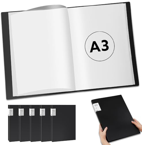 A3 Sichtbuch Projektmappe 60 Taschen Präsentationsmappe Ordner | A3 Berichtsdokumentendatei Organizer Halter für Dokumente, Zertifikate, Quittungen, Schwarz