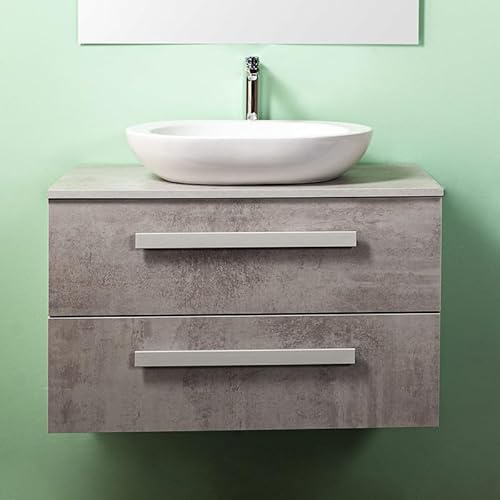 Yellowshop | Mobile Bagno Sospeso CM 90 – 2 Cassetti con Lavabo d’Appoggio – Finitura Cemento Chiaro (Mobile con Lavabo)