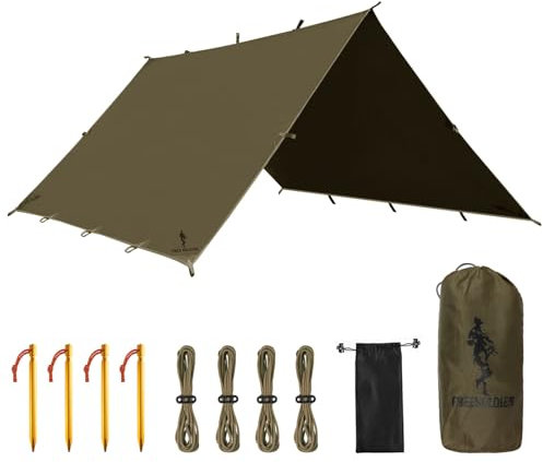 FREE SOLDIER Tarp Wasserdicht 3 * 3m Ultraleicht Zeltplanen UV Schutz Camping Sonnensegel Zelt Freien Große-Tarp für Camping, Wandern, Outdoor-Aktivitäten(Olivgrün)