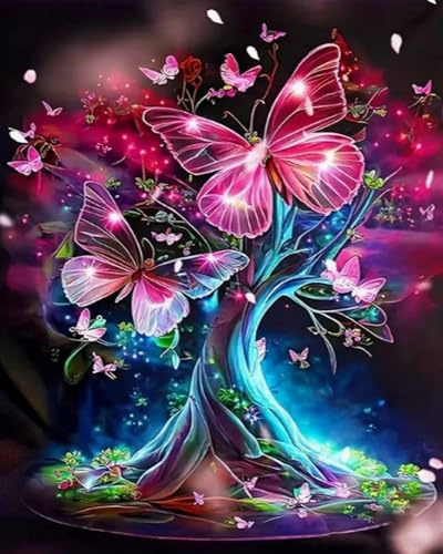 GLTEYACO Kit de broderie au point de croix pré-imprimé Papillon Arbre de Vie 11CT Complet Adulte Debutant Estampillé Canevas Broderie Point de Croix Kits-40x50 cm