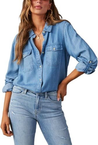 Siyova Women Denim Shirts Long Sleeve Button Down Jeans Blouse Casual Jean Tops Jacket Vintage Loose Shirt with Pockets Spring Autumn Streetwear (Dark Blue, L)