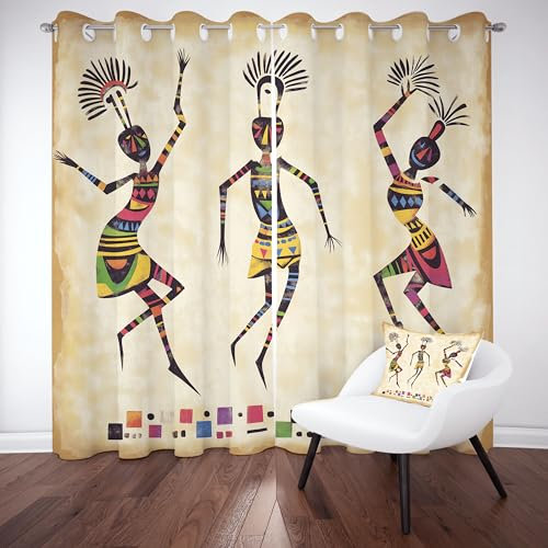 Afrika Tribal Vorhange Blickdicht 2er Set, Antike Ethnisch Kultur Gardinen mit Ösen Blackout Tradition Volkskunst Verdunklungsvorhänge 90 cm Lang 65 Breit Thermovorhang Wohnzimmer Schlafzimmer
