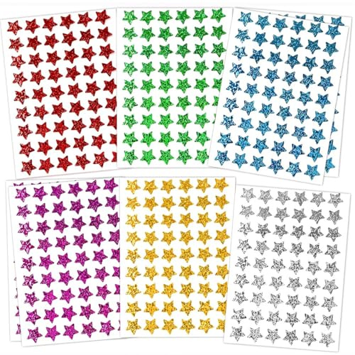 COYUN 1620 Stück 6 Farben Sticker Sterne Aufkleber 1.5 cm Bunte Laser Belohnungssticker, Glitzer Sticker, Glitzersticker, Selbstklebende Glitzer Aufkleber für Lehrer Belohnung Kalende DIY