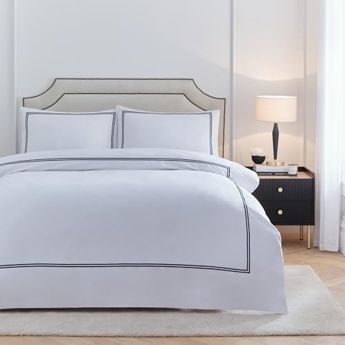 Paoletti Elara Duvet Cover Set – Luxury 200 Thread Count Cotton Embroidered Border Bedding Set (Black - Double)