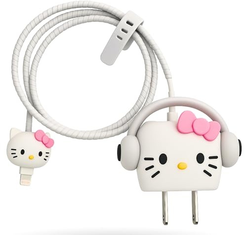 EMOH ROCED Cute Cartoon 3-in-1 20 W Charger Cover Compatible with iPhone Adapter – Compact, Durable, Portable & Protective Case with Cable Protector (White Kitty Headphone)