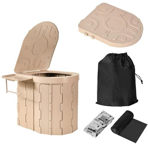 Camping Toilette Faltbar – Mobiles Reise WC mit robustem Sitz – Outdoor Notfalltoilette für Wandern, Angeln, Auto & Lange Fahrten – Inkl. 12 Müllbeutel, 12 Härtungsmittel - Bräunen – mit Deckel