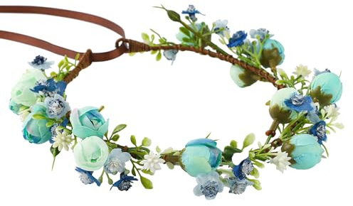 PartyforU Blumenkranz für Haare Elfenohren Elfen Feen Kostüm Erwachsener Damen Blaues Blumenkopfstück im Fee Stil mit Grüner Blattkranz für Brauthochzeit Faschingskostüme Karneval